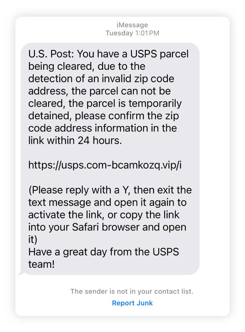 A fake USPS delivery issue notification.