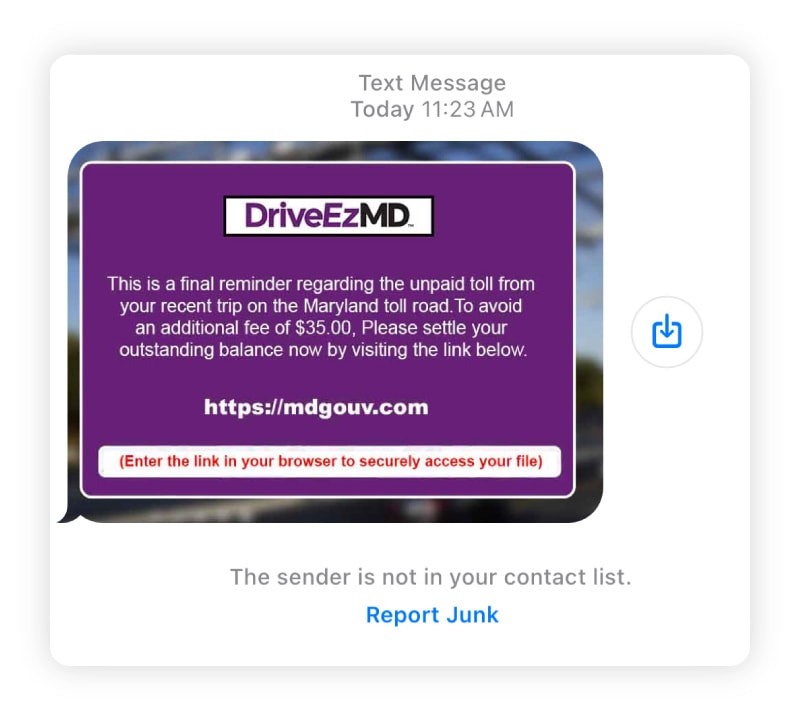 A fake text claiming owed toll bills.