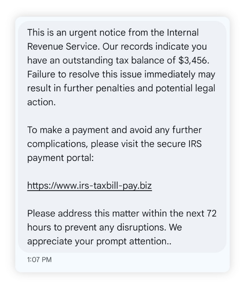 A fake notification claiming the recipient owes past due taxes.