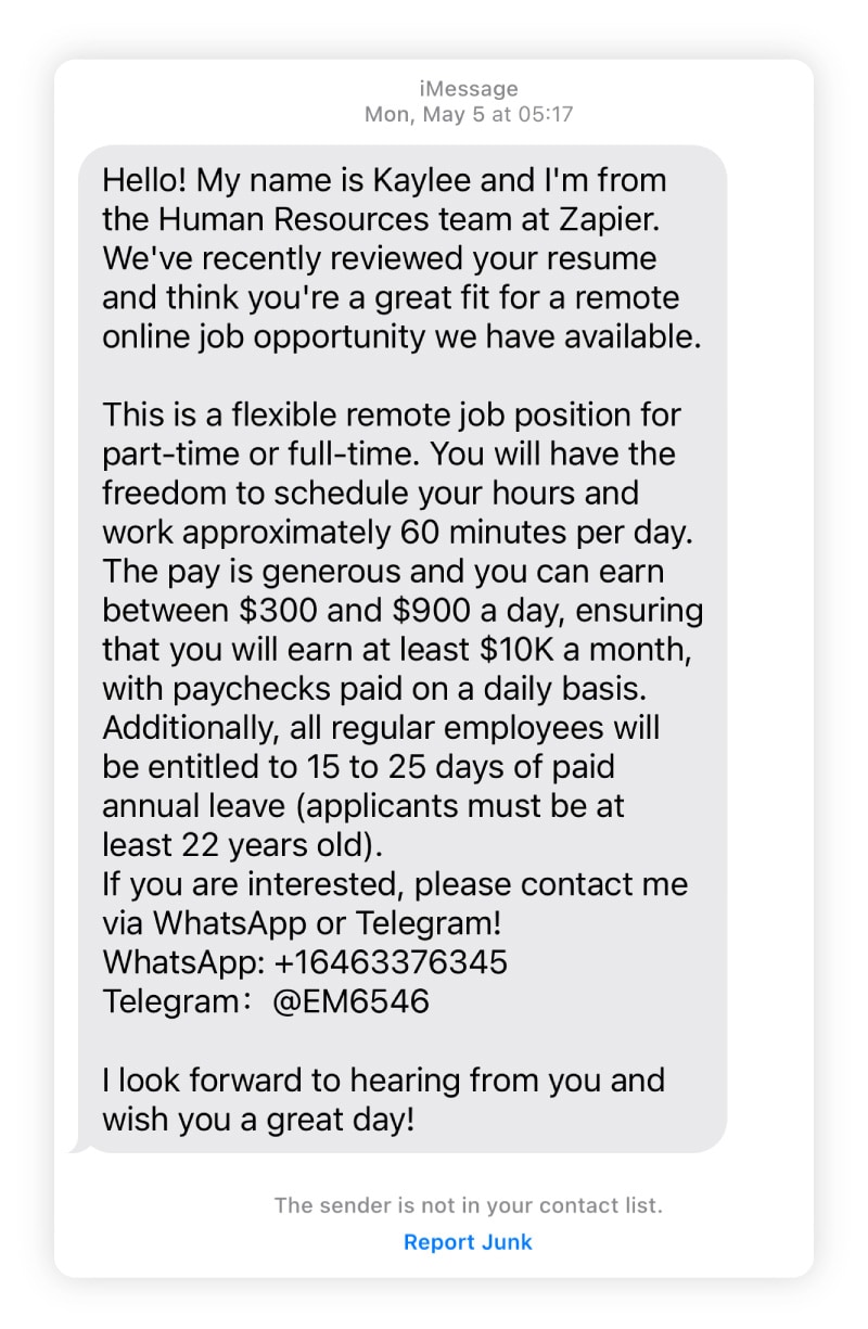A fake text offering you a job.