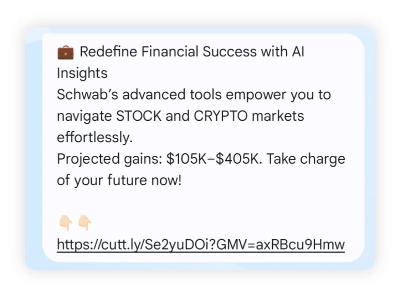 A fake text claiming to offer advanced stock and crypto tools.