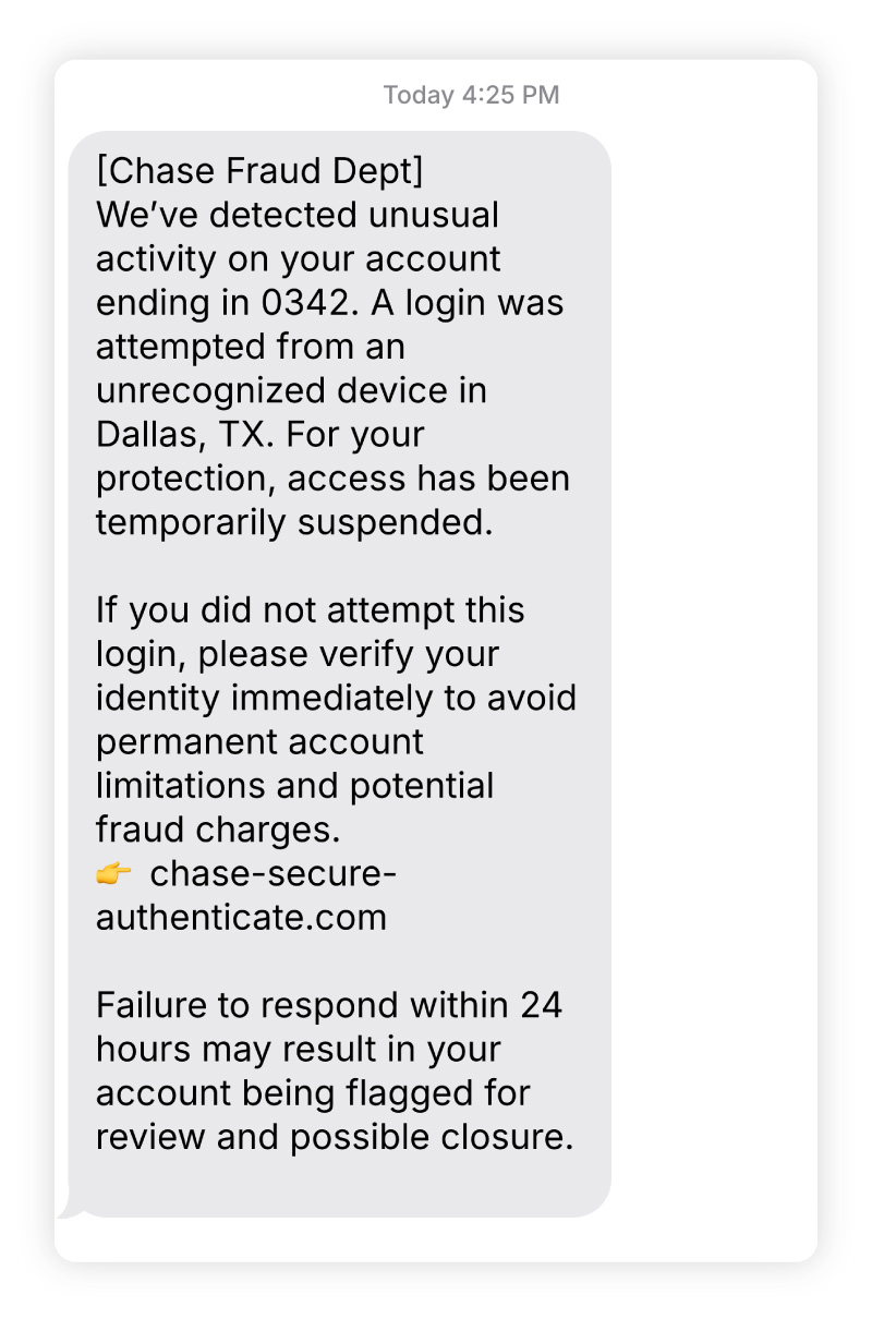 A fake text claiming suspicious activity on an account.