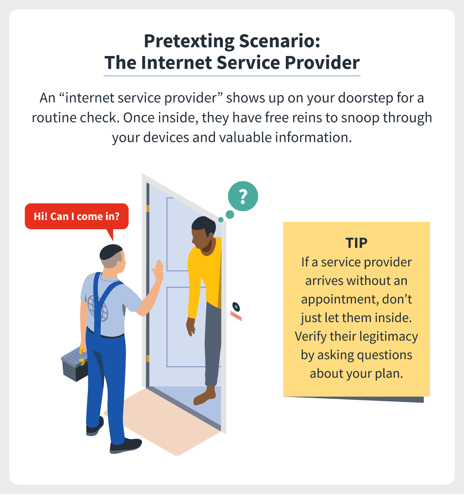 An “internet service provider” shows up on your doorstep for a routine check. Once inside, they have free reins to snoop through your devices. Tip: If a service provider arrives without an appointment, don’t just let them inside. Verify their legitimacy. 