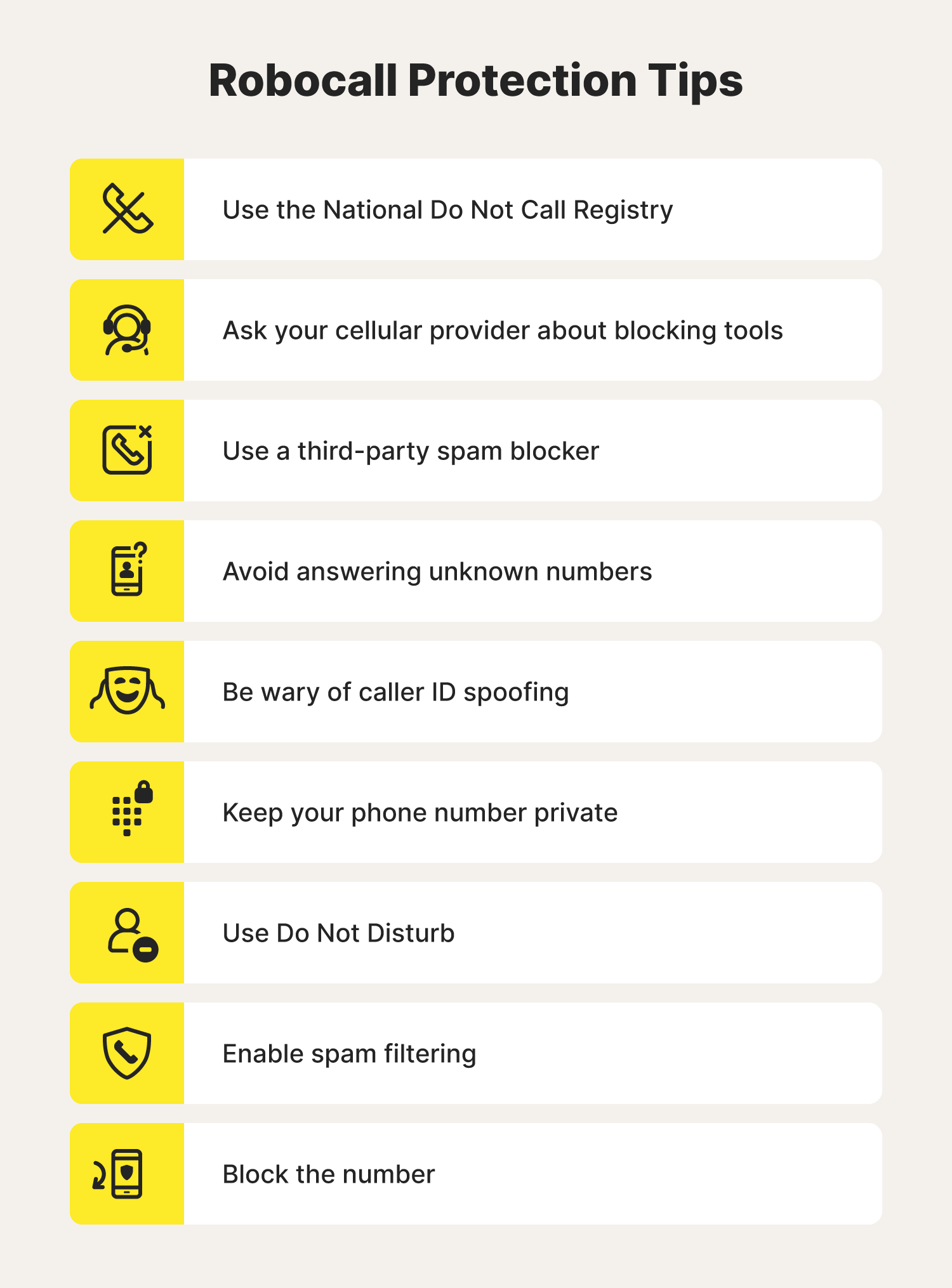 A graphic lists nine robocall protection tips, further answering the question, “What is a robocall?”