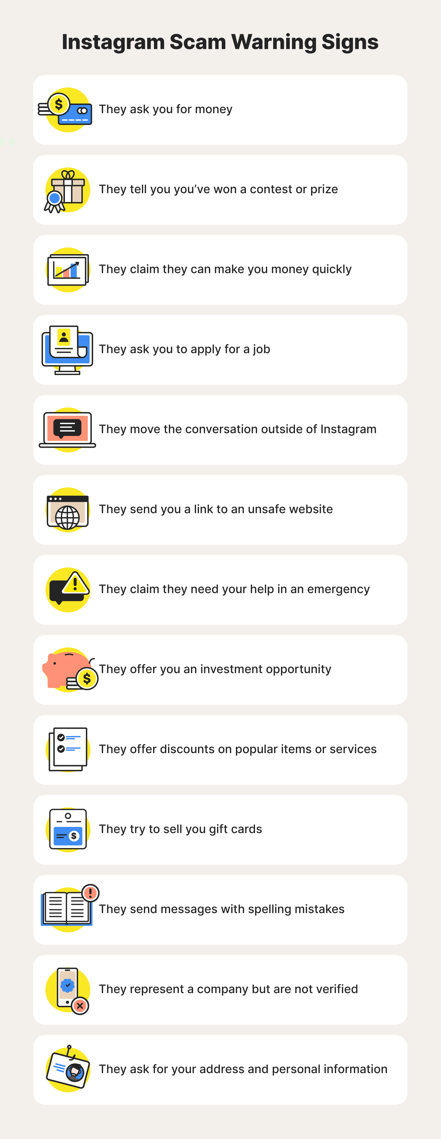 A graphic lists 13 Instagram scam warning signs to help you stay safe online.