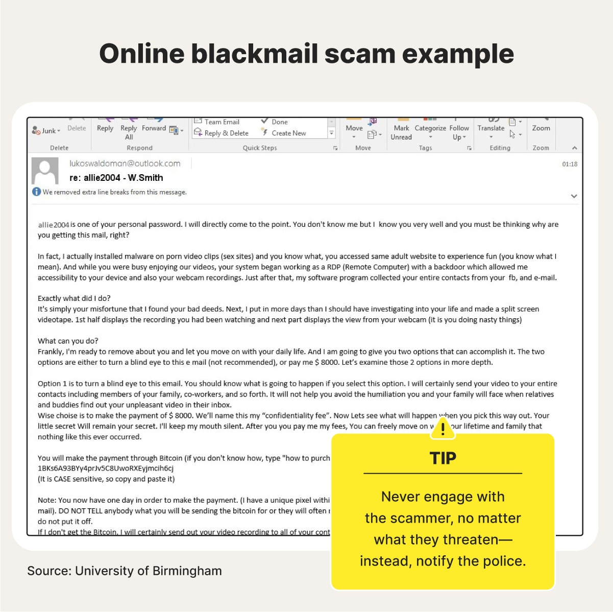 A screenshot of a blackmail scam and a tip to avoid possible fallout.