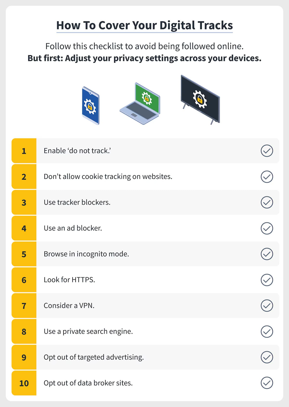 Checklist of 10 tips to avoid tracking.