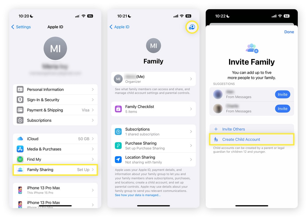 Three screenshots showing how to create a child profile on iPhone.