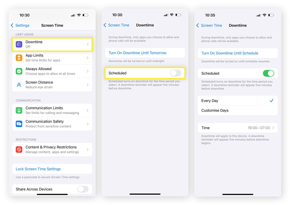 Screenshots showing how to set Downtime on an iPhone as a parental control.