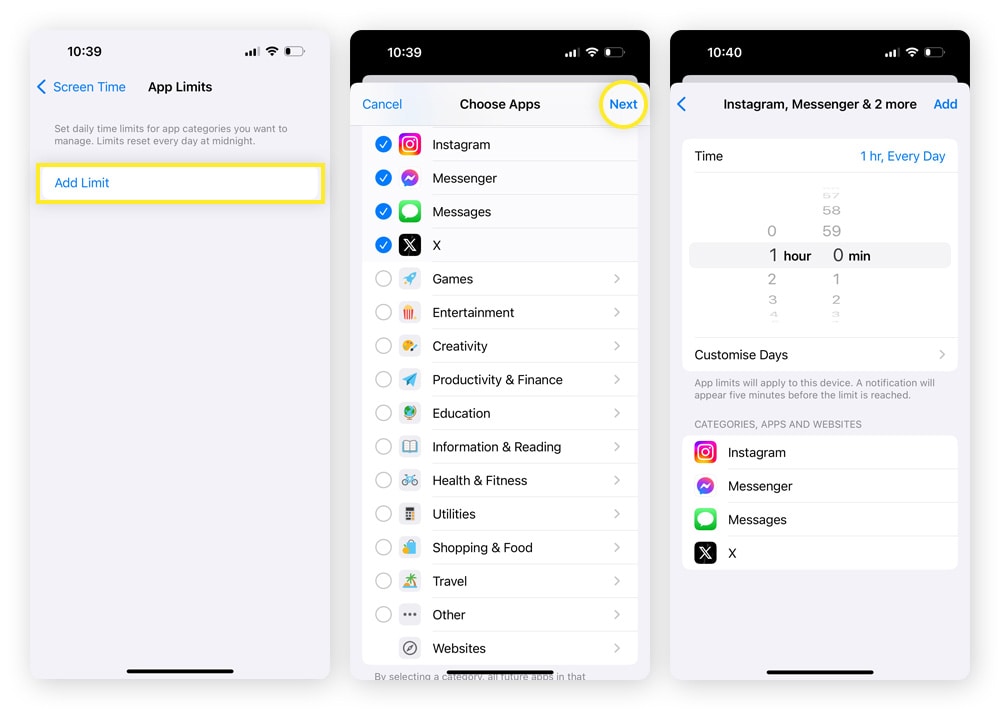 Screenshots showing how to set App Limits on an iPhone as a parental control.