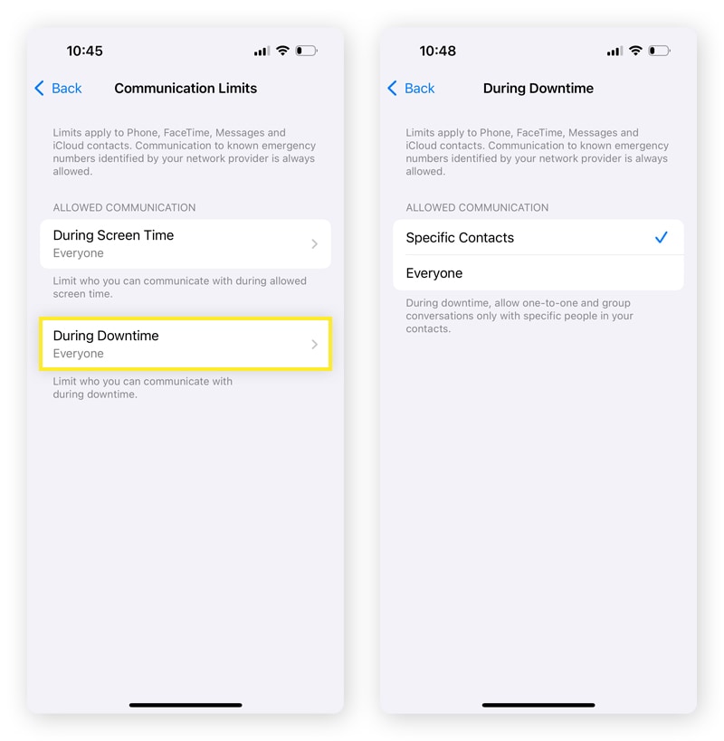 Screenshots showing how to set Communication Limits during Downtime on an iPhone as a parental control.