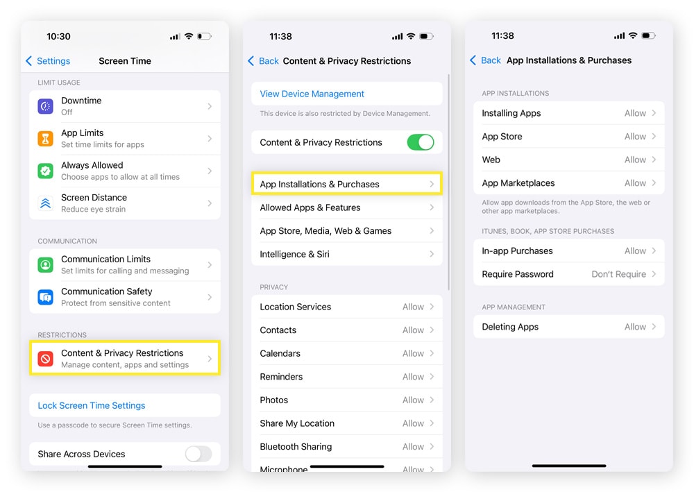 Screenshots showing how to access the App Installations & Purchases section of the iPhone’s Content & Privacy Restrictions menu.