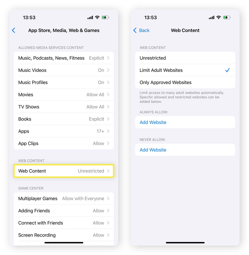 Screenshots showing how to restrict web content on an iPhone as a parental control.