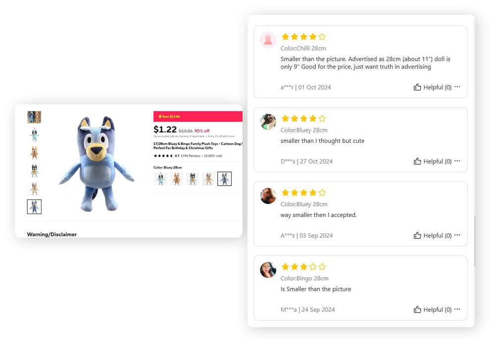 Reviews of a stuffed cartoon dog on AliExpress saying that the toy is smaller than it appears in the picture and as listed.