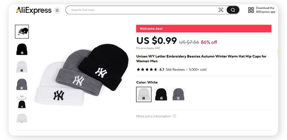 Beanies for sale on AliExpress that, at first glance, appear to have the New York Yankees logo. However, the letters in the logo are WY, not NY.