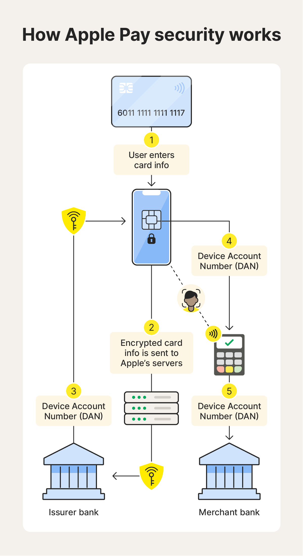 A flowchart showing how Apple Pay security works by converting card information into encrypted Device Account Numbers.