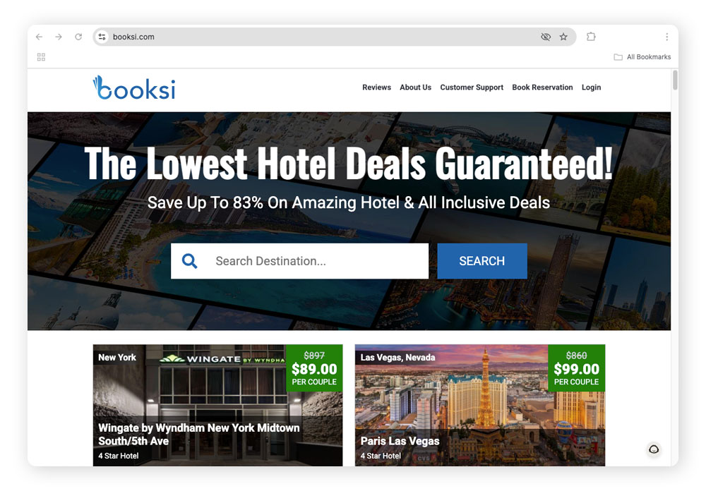 The Booksi homepage states customers can save up to 83%.