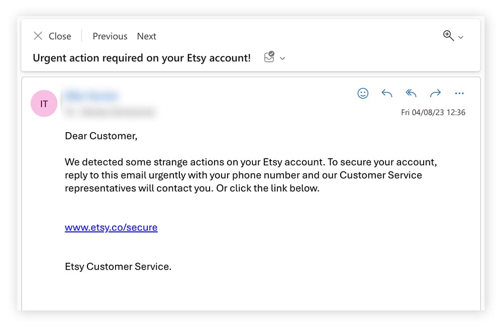 An example of a scam email from Etsy Customer Service.