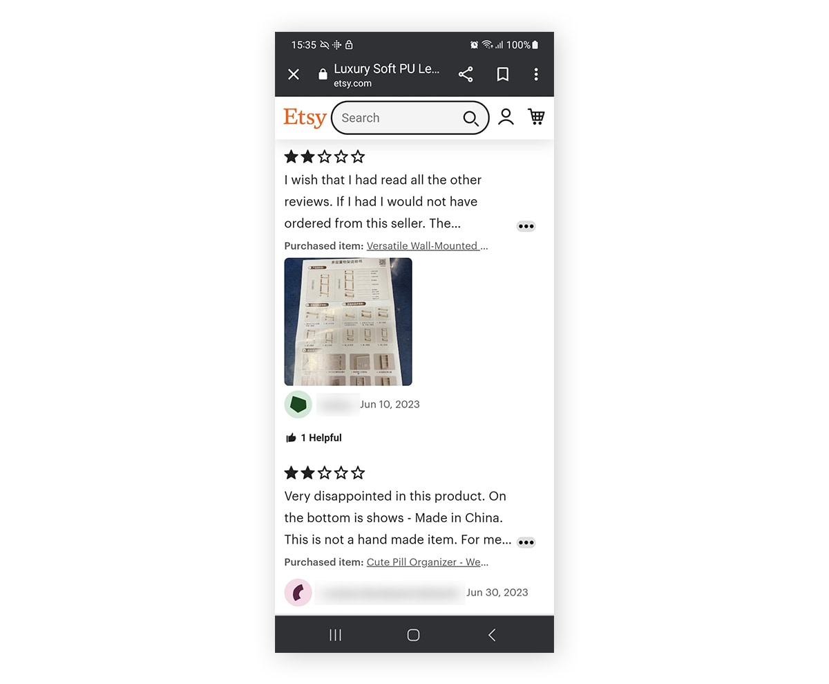 Bad reviews detailing a bait-and-switch scam on Etsy.