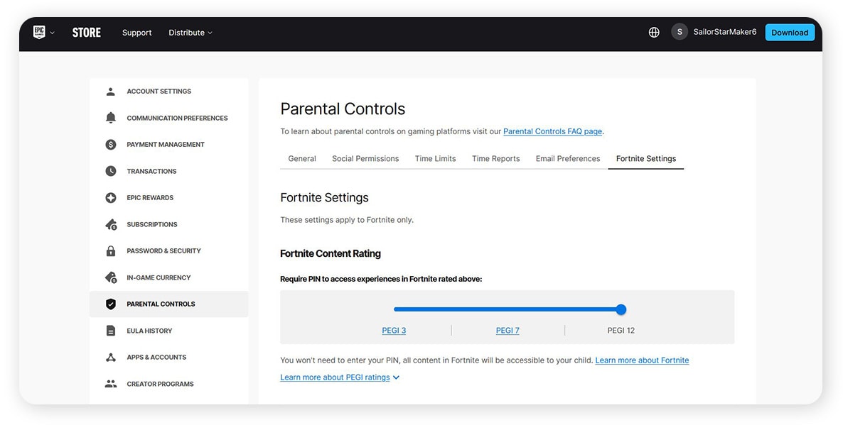 Epic’s Parental Controls for filtering language, restricting chats, and requiring a PIN for purchases in games like Fortnite.