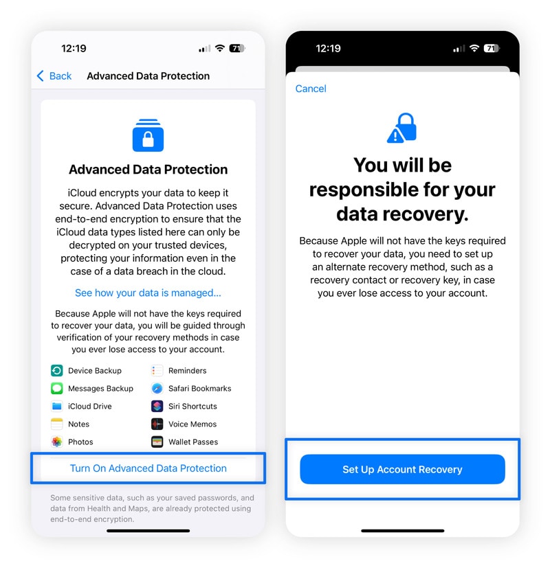 Side-by-side iPhone screenshots demonstrating the process of enabling iCloud’s Advanced Data Protection in Settings.