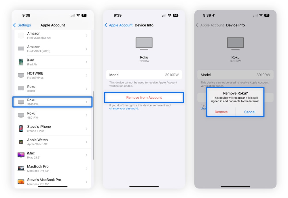 Side-by-side iPhone screenshots showing the steps for checking for unauthorized iCloud access.