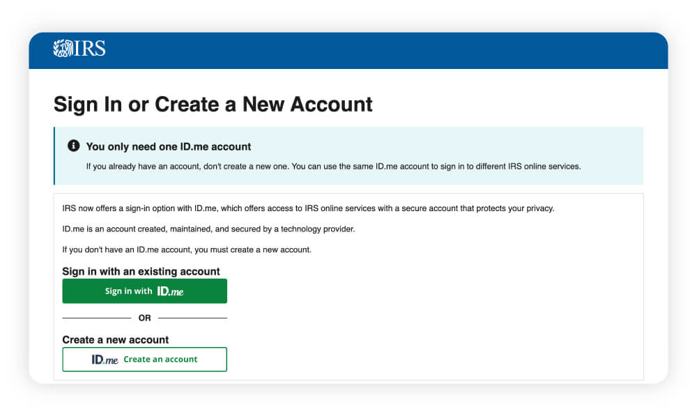 Screenshot of the IRS sign-in page showing that users must log in with or create an ID.me account.