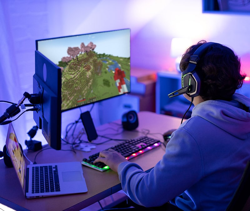 A child engages in creative play in a private Minecraft server on their gaming PC.