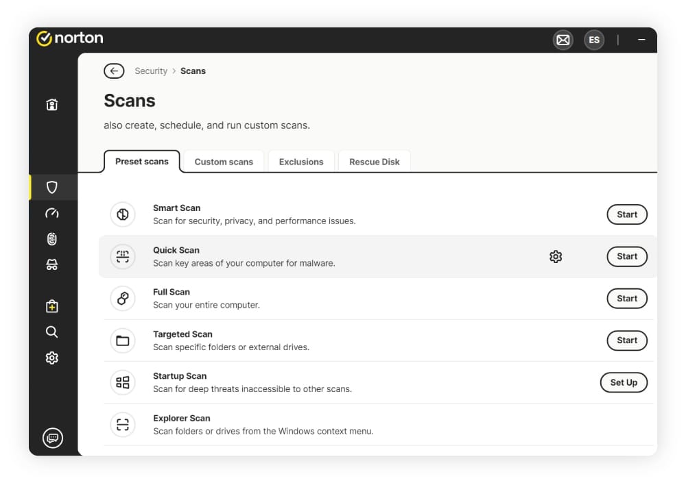 A screenshot of Norton’s virus scanning options.