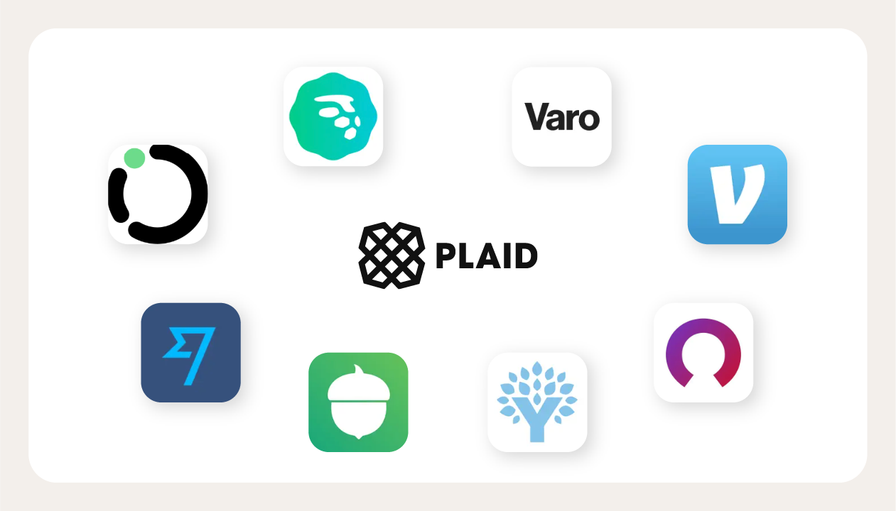 An illustration showing the logos of some of the banks and P2P apps Plaid helps connect.
