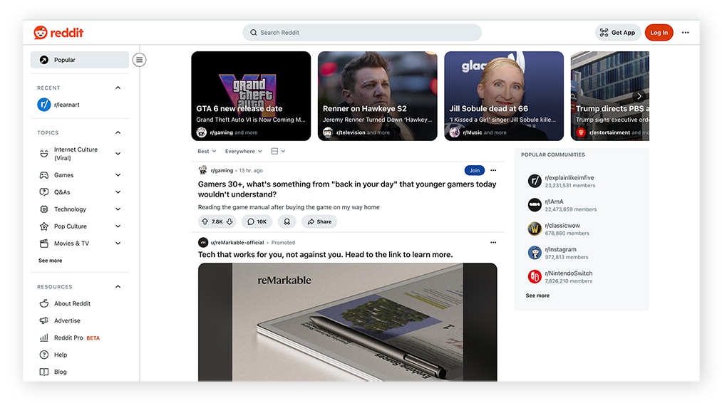 The Reddit homepage displayed on a desktop screen.