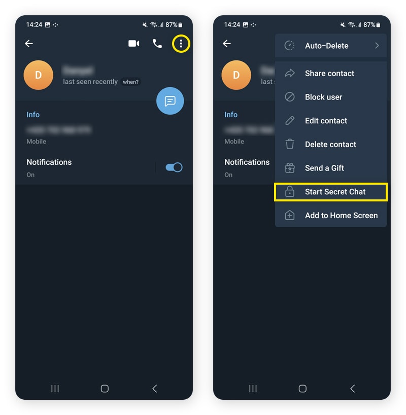 Screenshots showing how to start an encrypted message with the Secret Chat feature in Telegram.