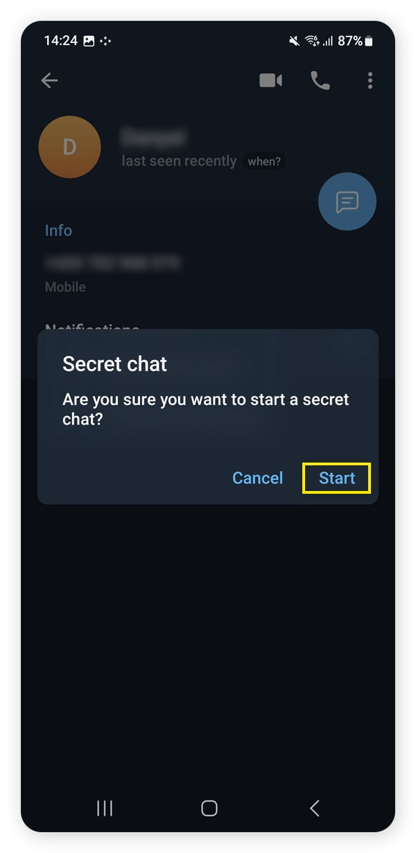 A screenshot showing how to confirm that you want to start an encrypted Secret Chat in Telegram.