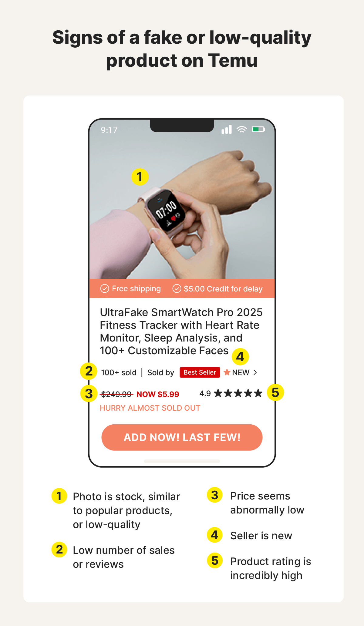 An example e-commerce screen showing people how to spot legitimate listings.