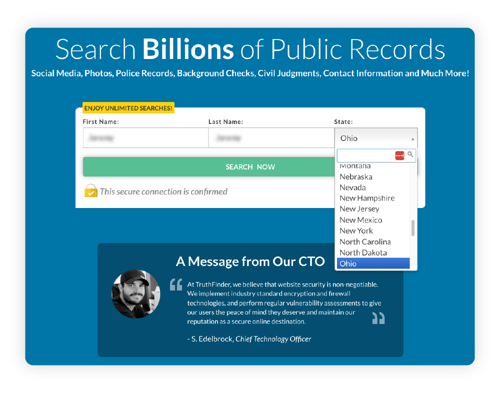A screenshot shows the first step in the TruthFinder reporting process.