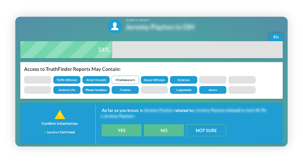 A screenshot shows TruthFinder gathering personal information to build the report.