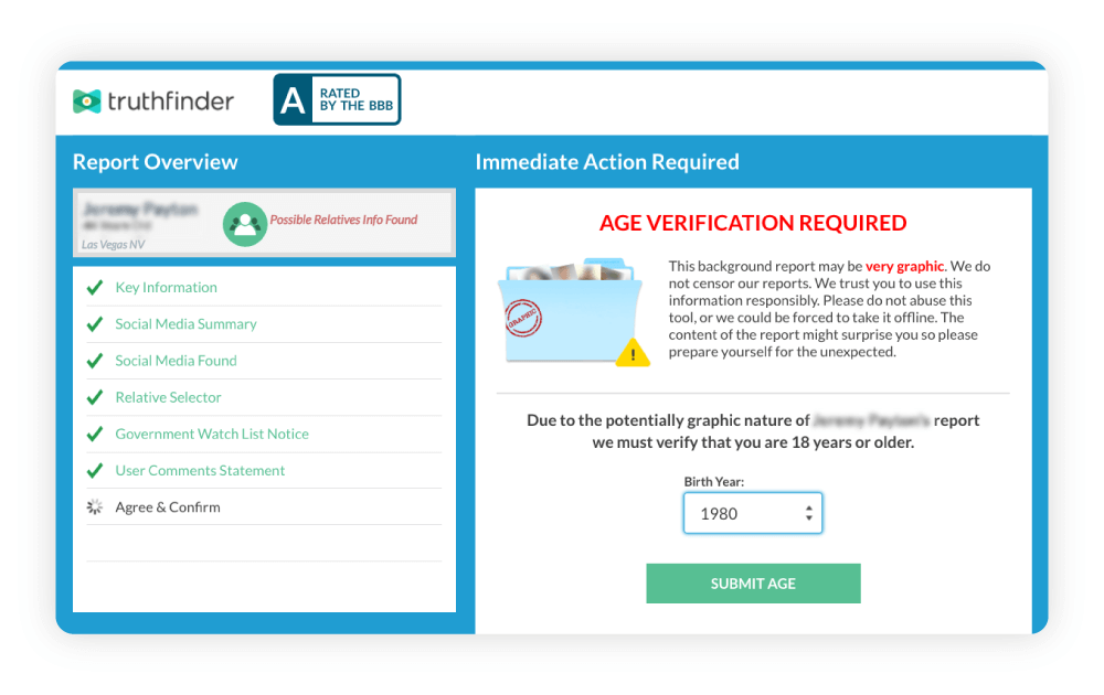 A screenshot shows TruthFinder using scare tactics during the report building process.