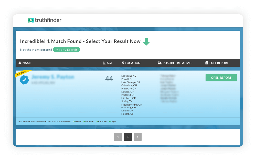 A screenshot shows the screen presented to the user when the TrutherFinder report is ready.