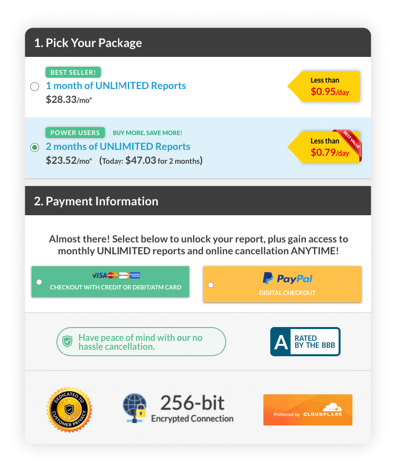 A screenshot details the TruthFinder subscription and payment options.