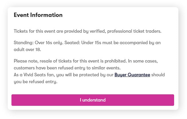 Screenshot of a warning on the Vivid Seats platform about resale ticket holders being denied entry.