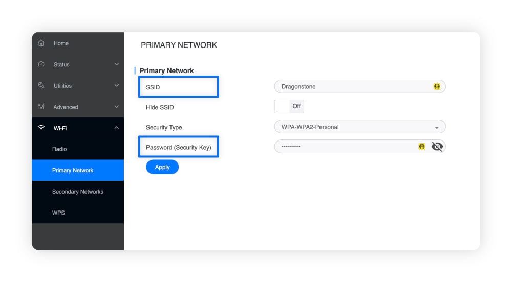 A screenshot showing how to change your router’s name and password.