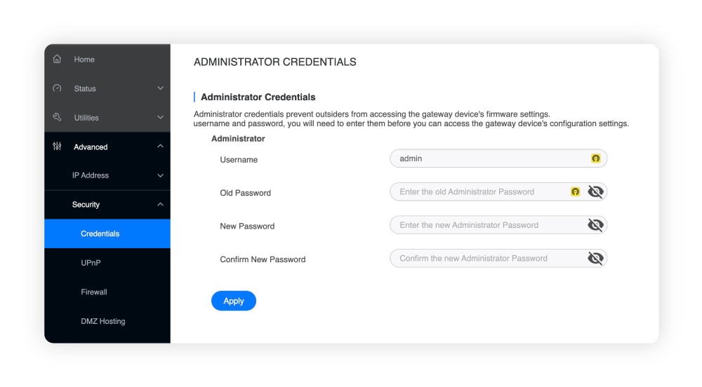 A screenshot showing how to change your router’s admin credentials.