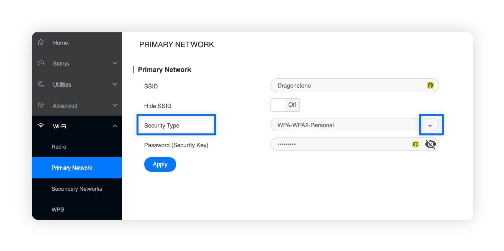 A screenshot showing how to change a router’s encryption type.