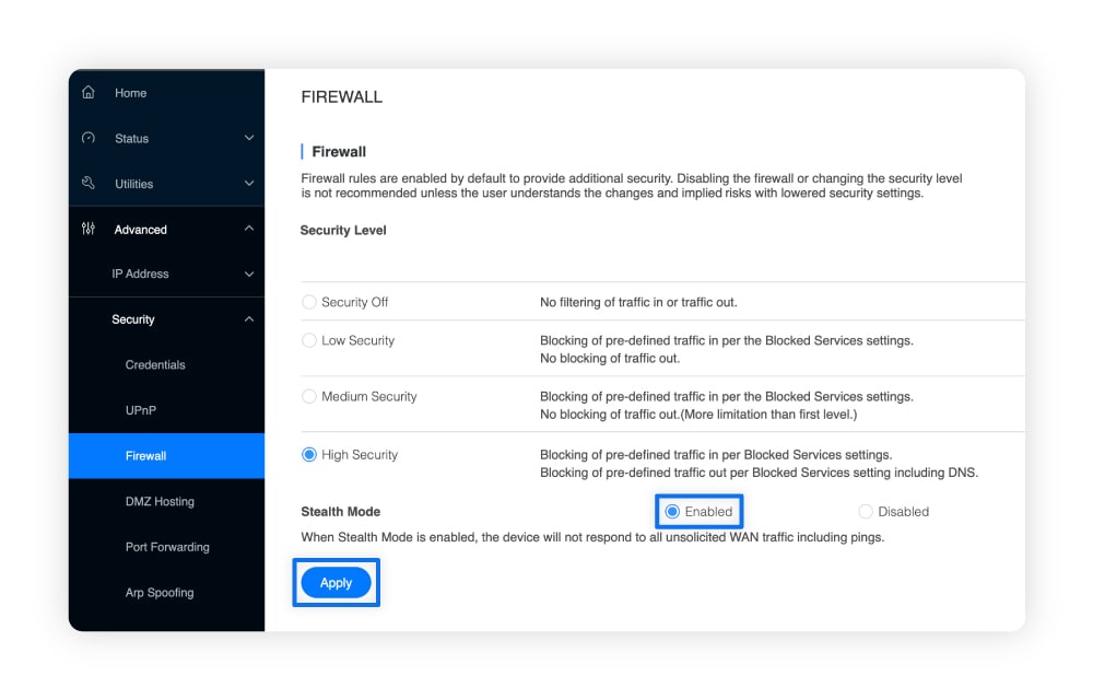 A screenshot showing how to enable your router’s firewall.