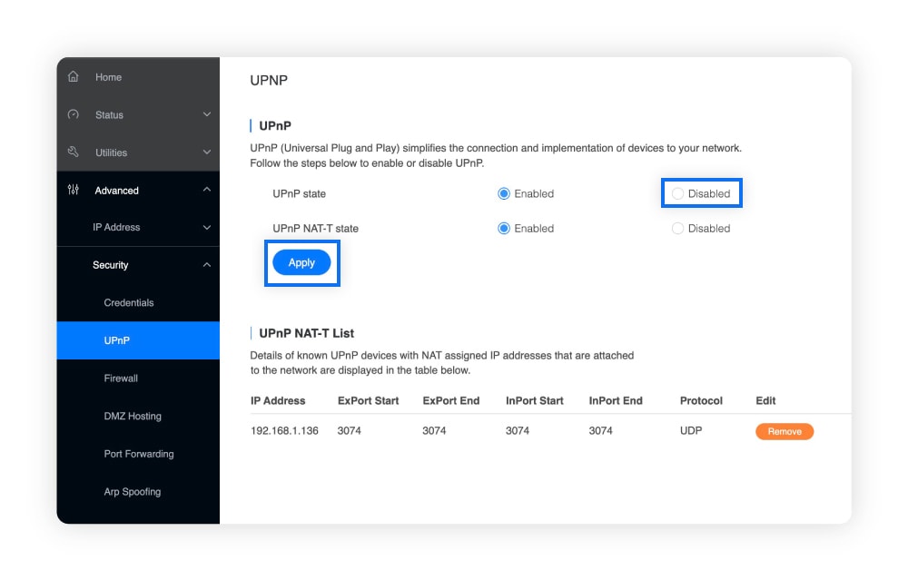 A screenshot showing you how to enable and disable UPnP.