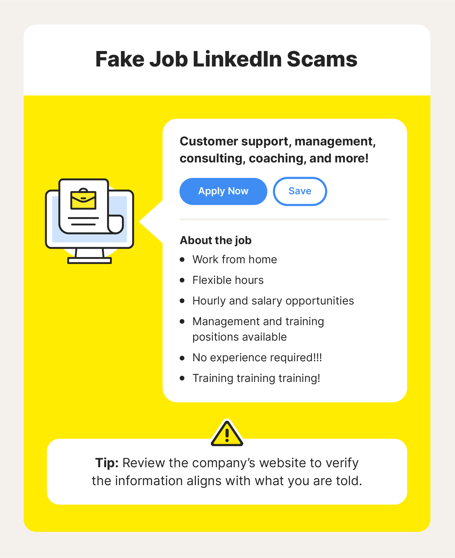 A graphic shows a fake job scam on LinkedIn. 