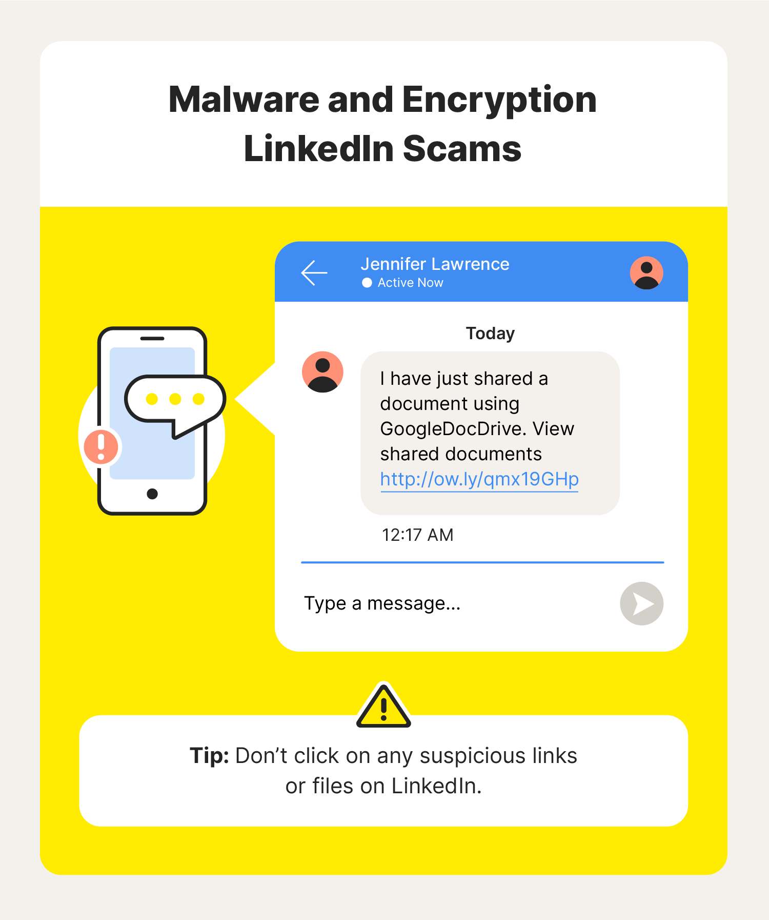 A graphic shows a malware and encryption LinkedIn scam message.