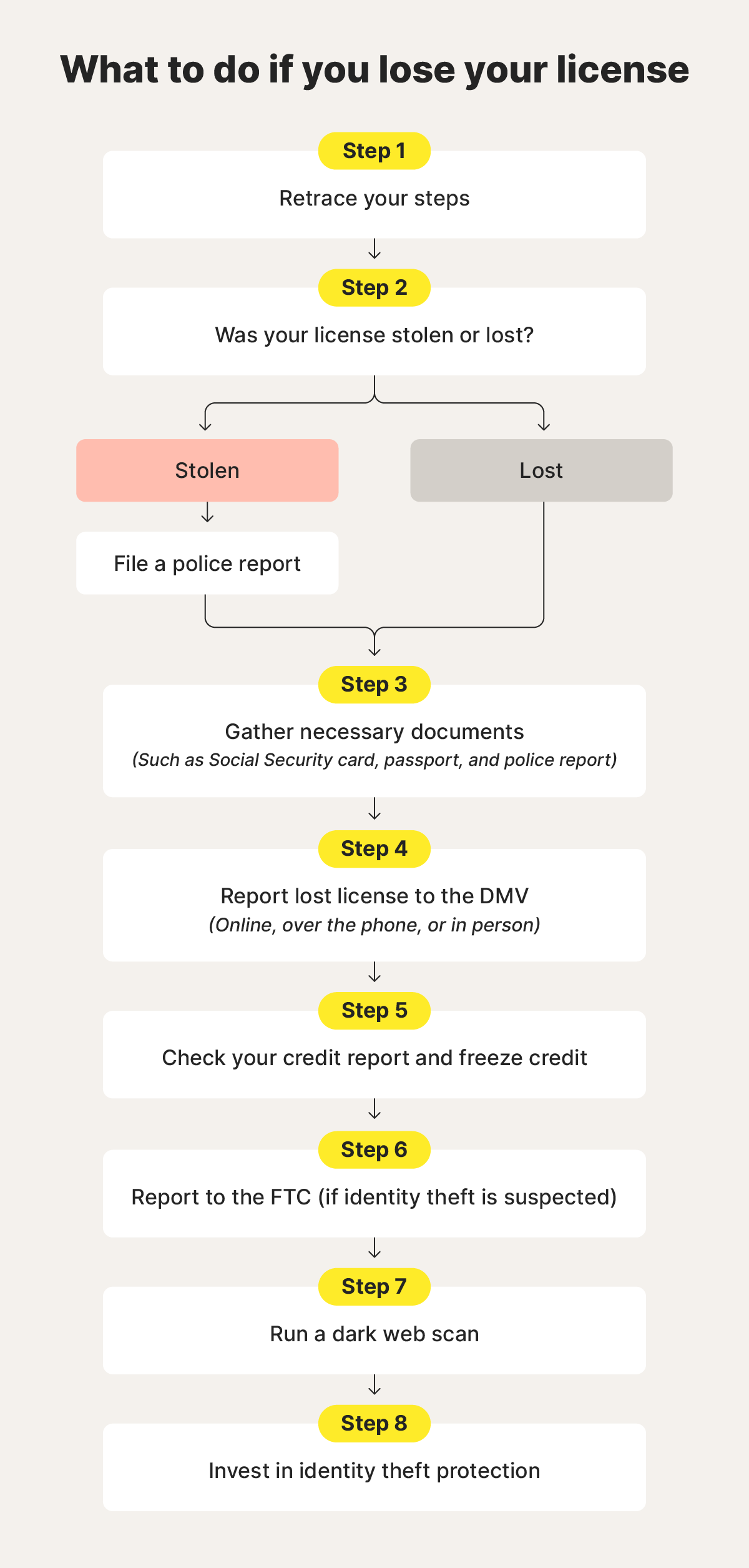 Flowchart of steps to take if you lose your license.