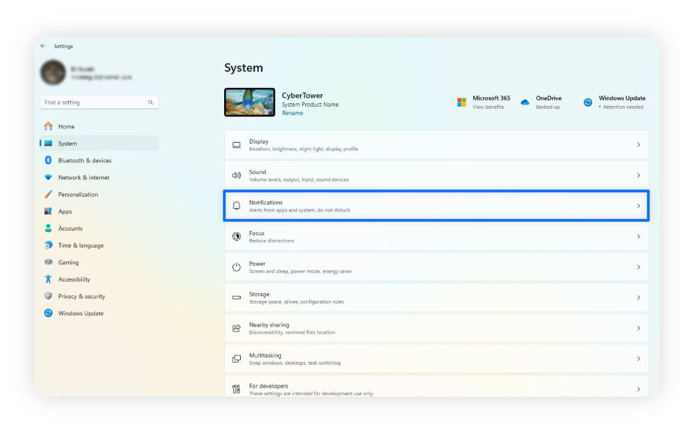 Screenshots showing where to find your Notifications settings under Windows system settings.