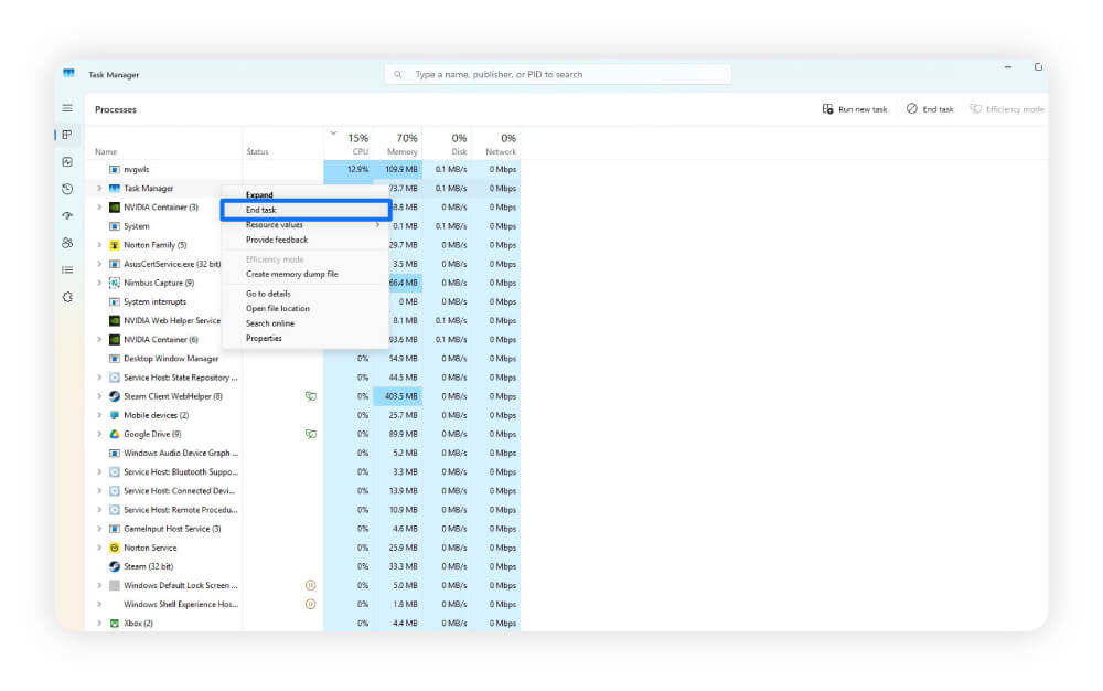 Screenshot showing how to shut down unnecessary apps by clicking “End task” within Task Manager.
